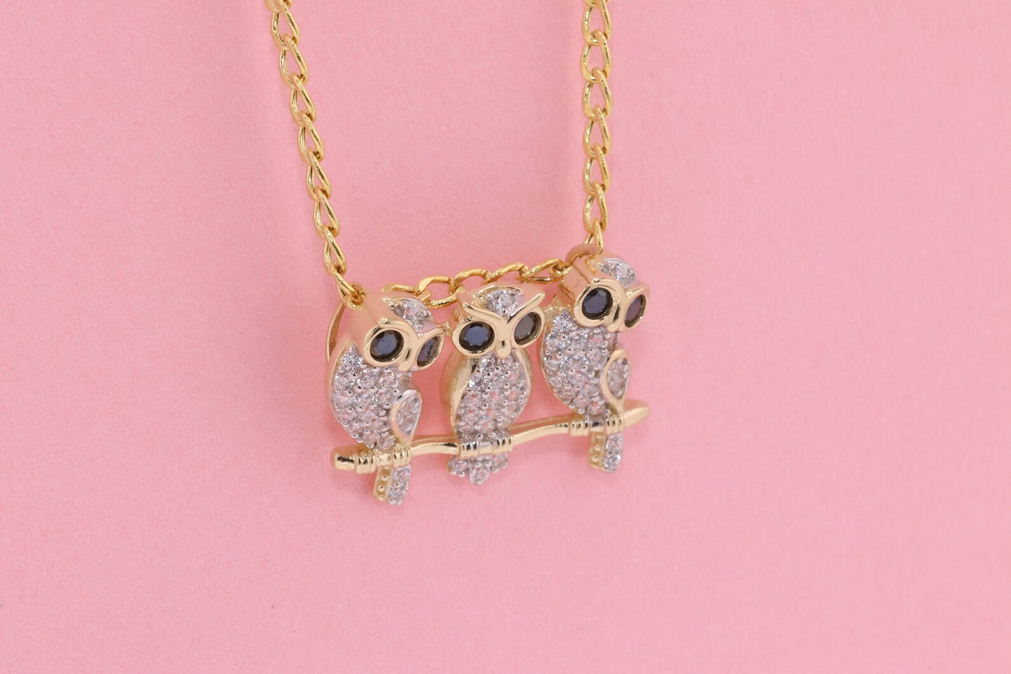 14K Gold CZ Triple Owl Pendant