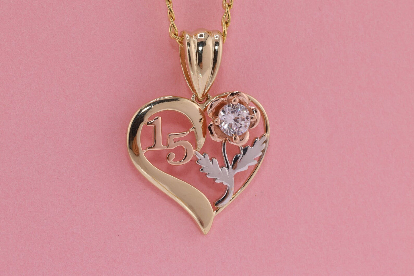 14K Gold 15 Anos Quinceanera Heart Pendant I