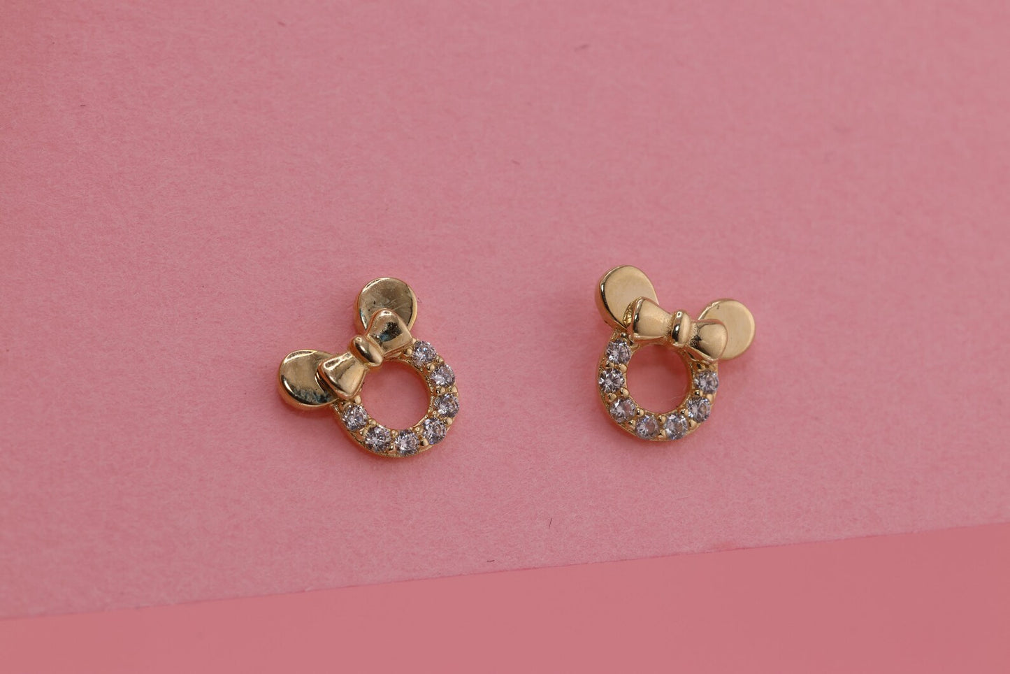 14K Gold White/Pink CZ Mouse Earrings