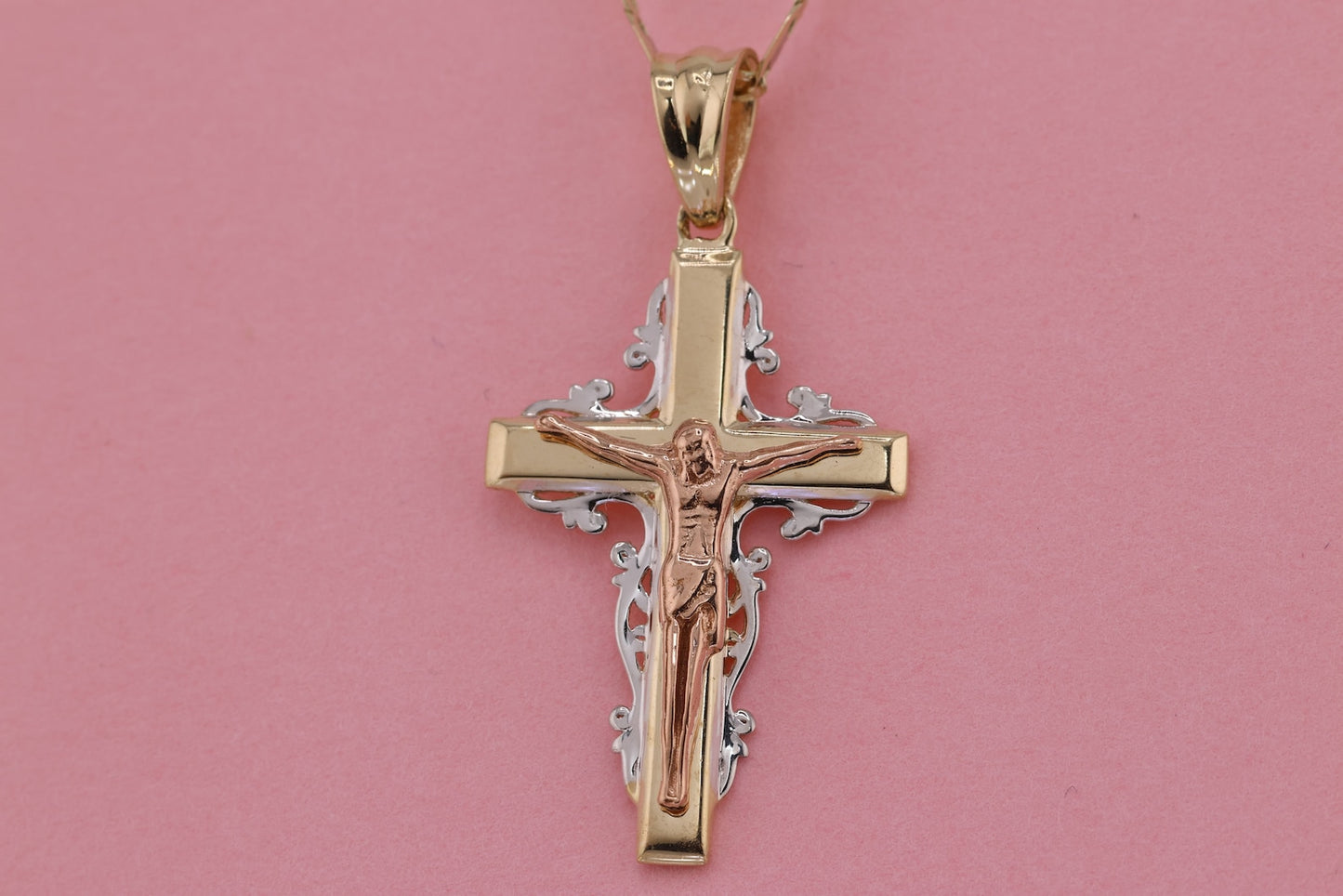 14k Solid Gold Cross Jesus Crucifix Crucifijo Charm Pendant I