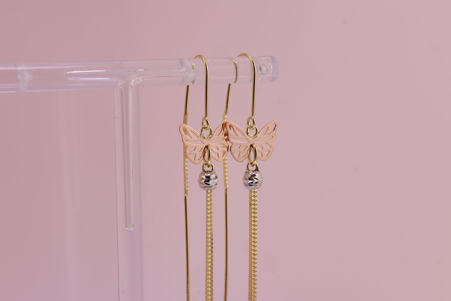 14k Tri Color Glitter Gold Dainty Butterfly Dangle Earrings B