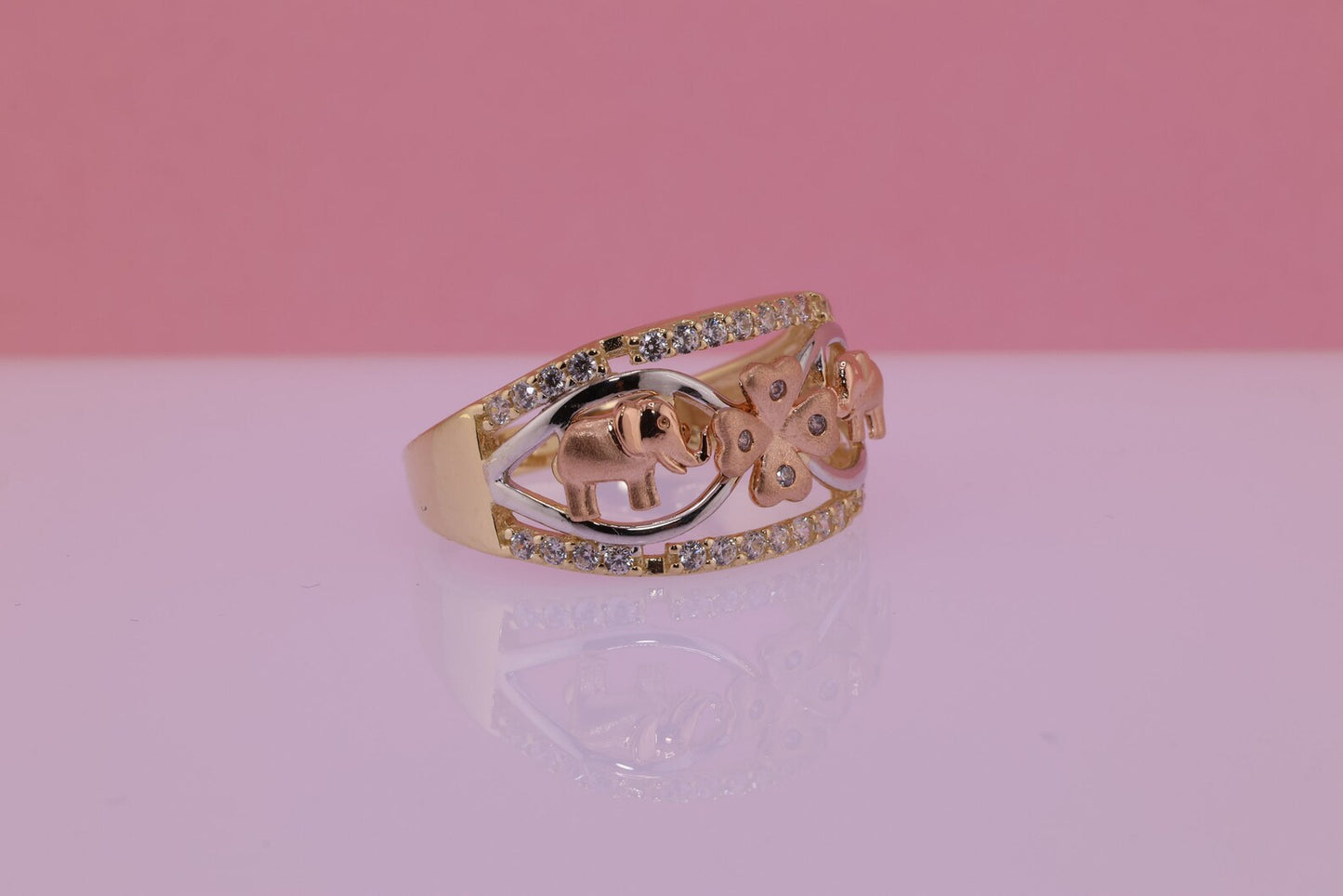 14k Tri Color CZ Elephant Band Ring F