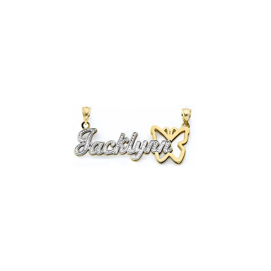 10K or 14K Gold Personalized Double Plate Name Pendant with Butterfly