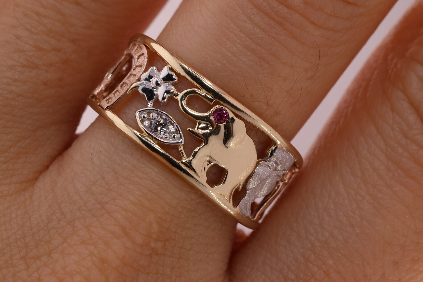 14k Tri Color CZ Elephant Band Ring B