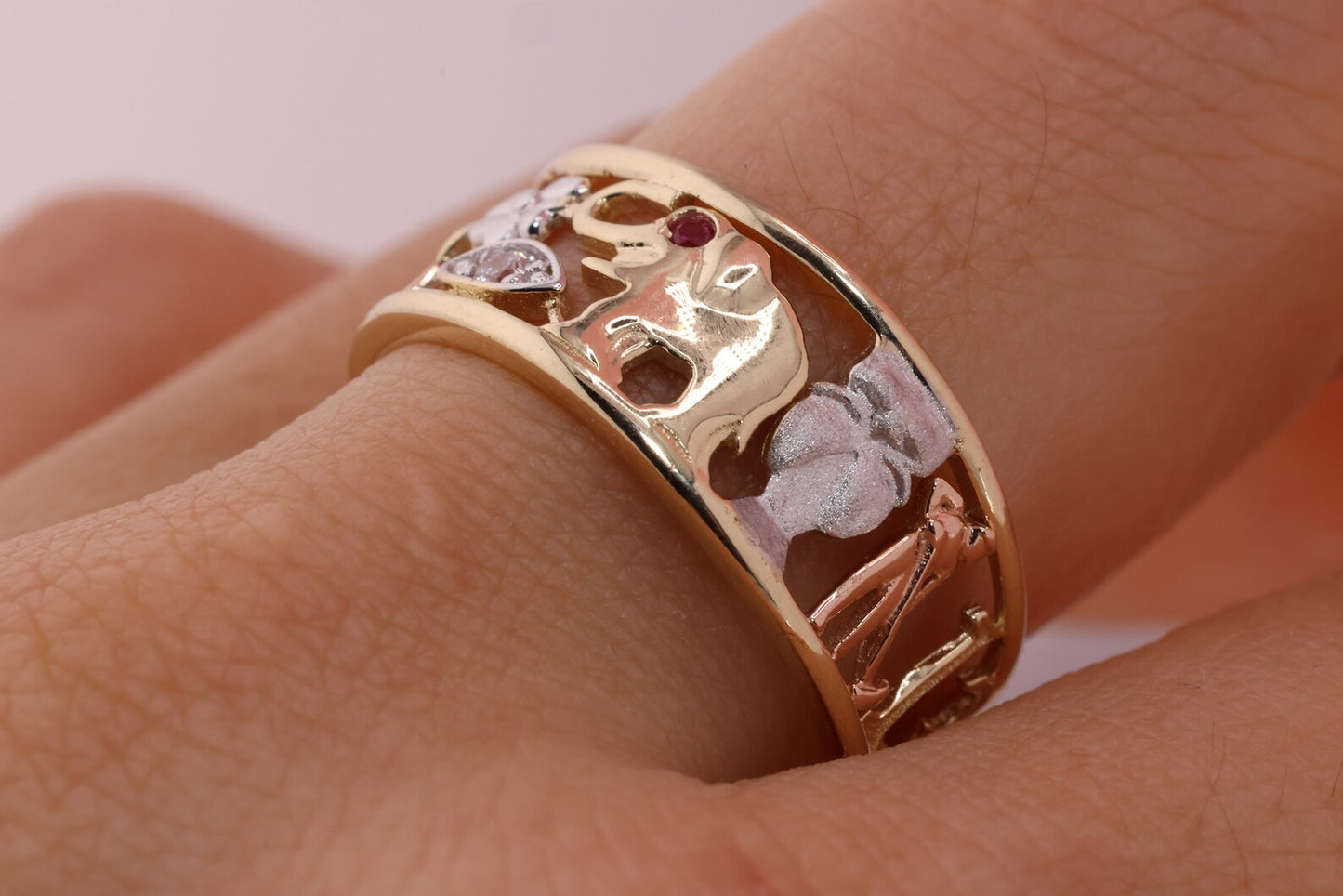 14k Tri Color CZ Elephant Band Ring B