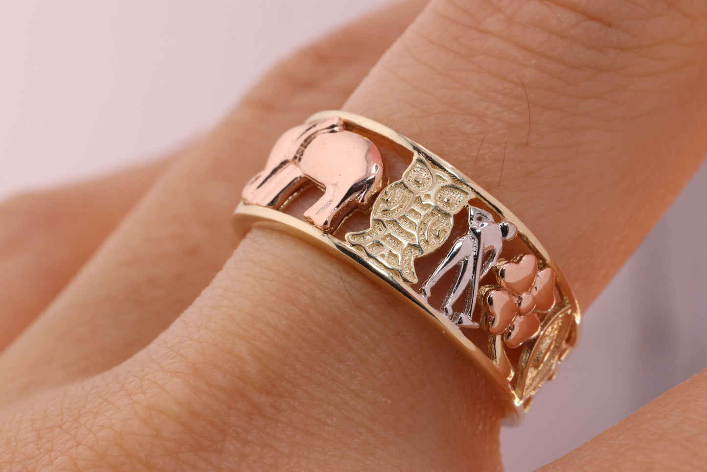 14k Tri Color CZ Elephant Band Ring A