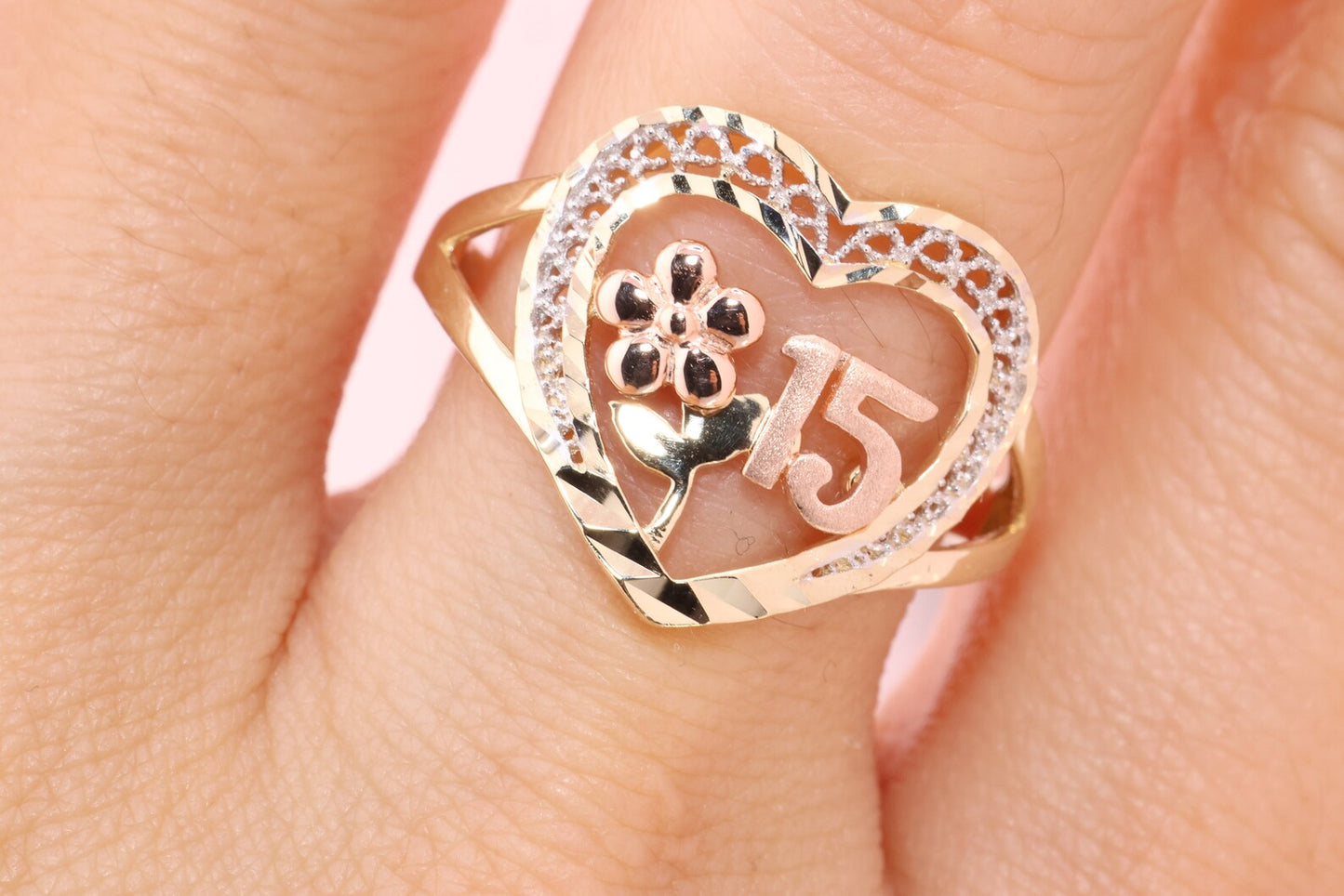 14K Gold 15 Anos Heart Quinceanera RING T