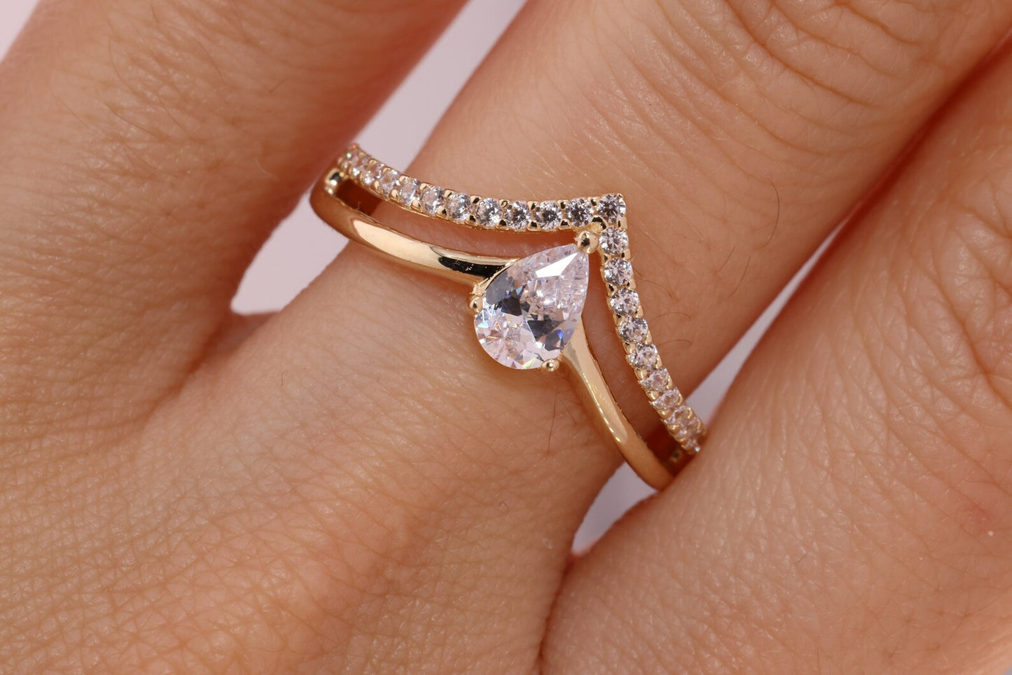 14K Dainty Birthstone Chevron Ring