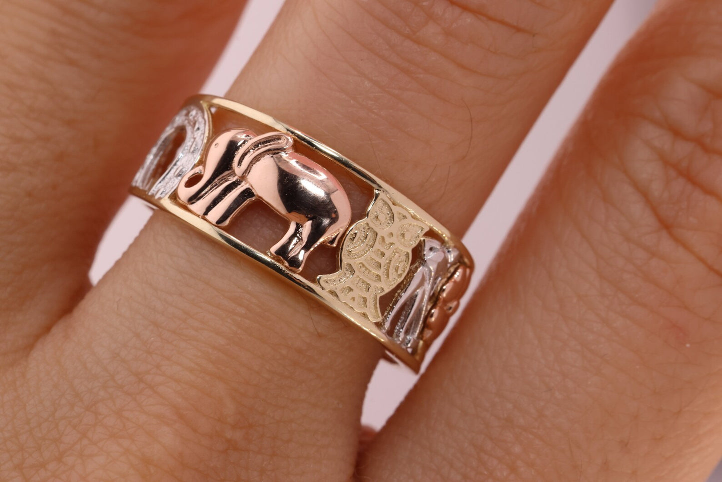 14k Tri Color CZ Elephant Band Ring A