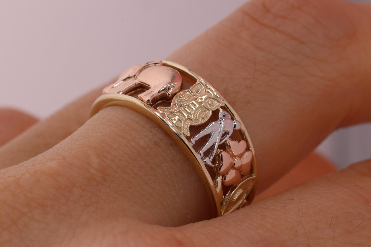 14k Tri Color CZ Elephant Band Ring A