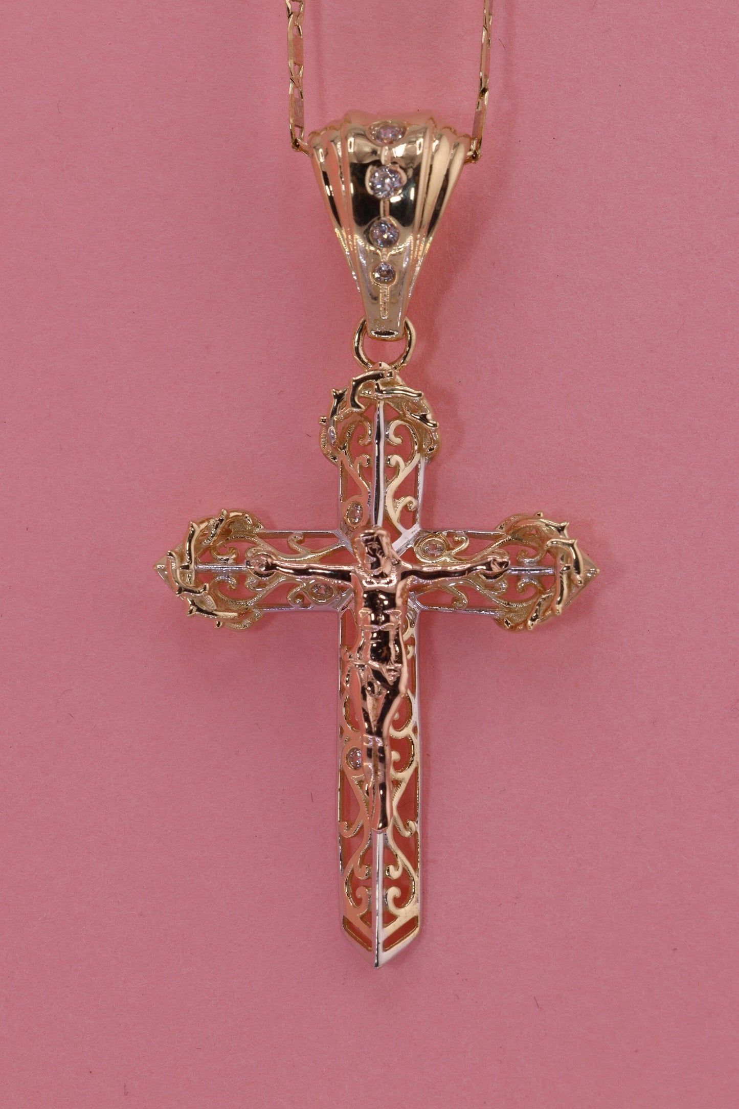 14k Solid Gold Cross Jesus Crucifix Crucifijo Pendant Necklace E
