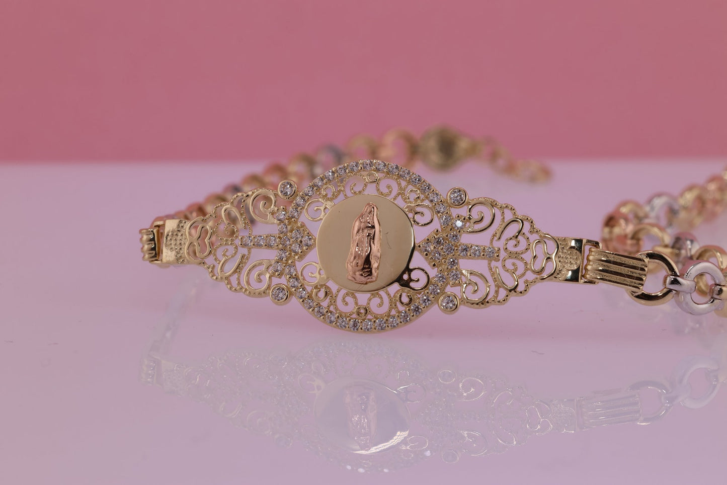 14K Gold tri color Virgin Mary Virgen Maria Lady Guadalupe Bracelet D