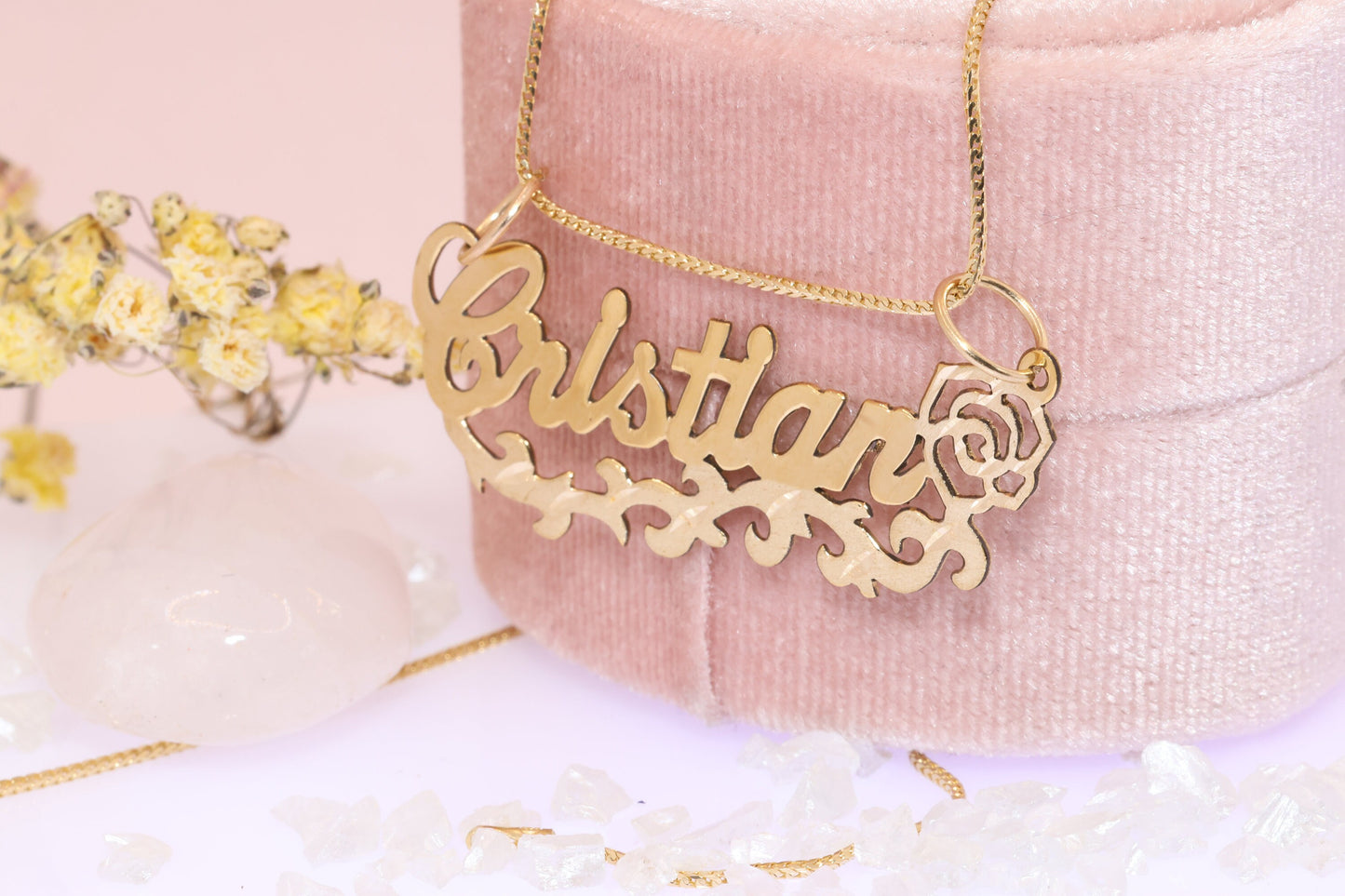 10K or 14K Gold Personalized Name with Rose Pendant B