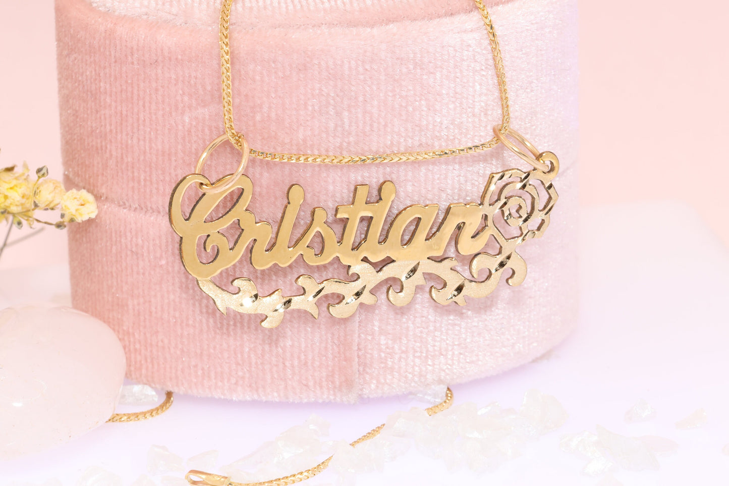 10K or 14K Gold Personalized Name with Rose Pendant B