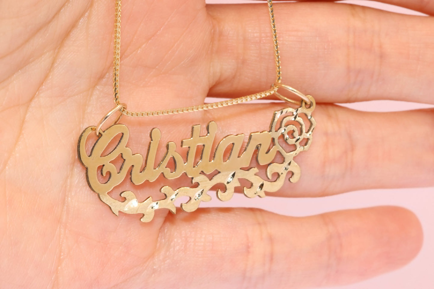 10K or 14K Gold Personalized Name with Rose Pendant B