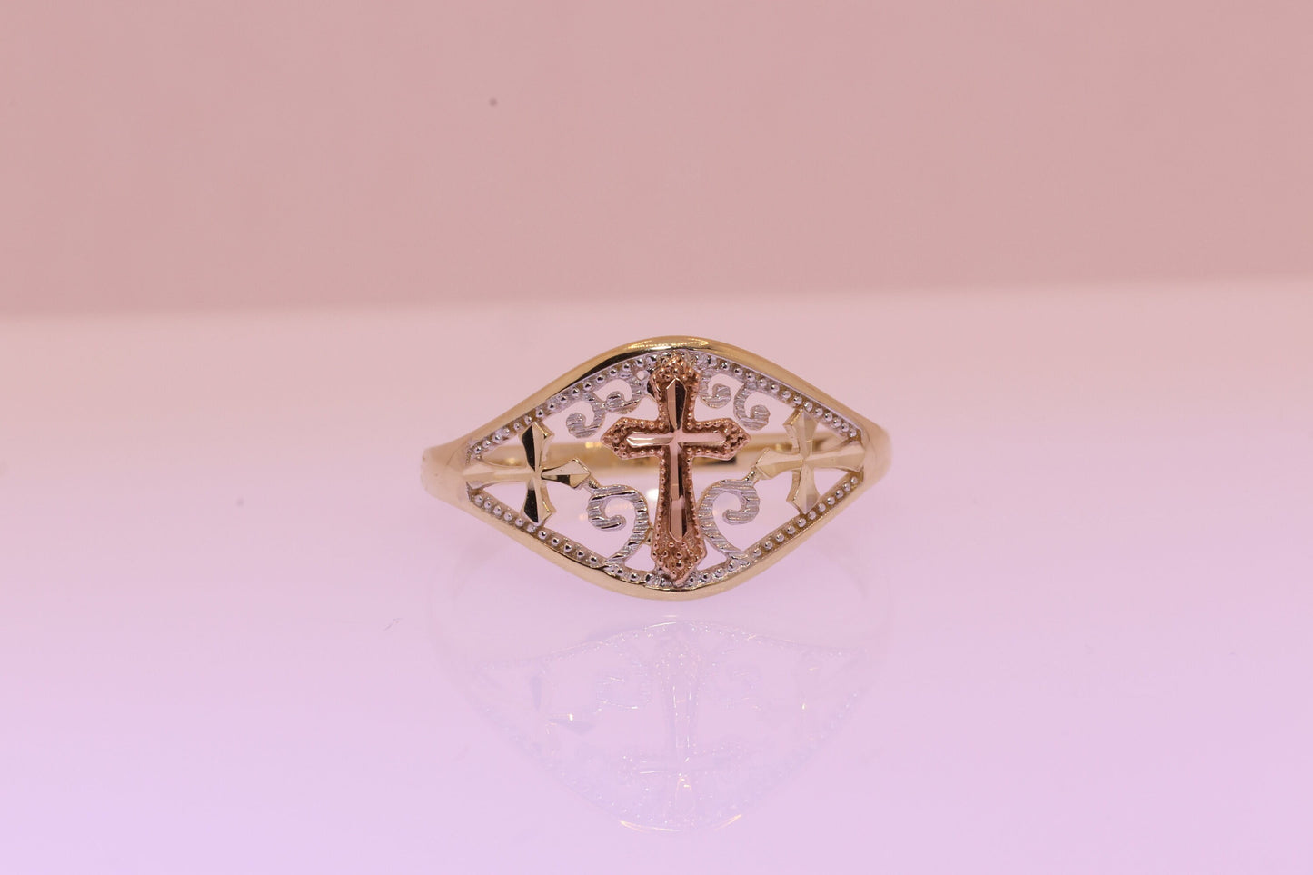 14k Solid Rose Gold Cross Religious Ring
