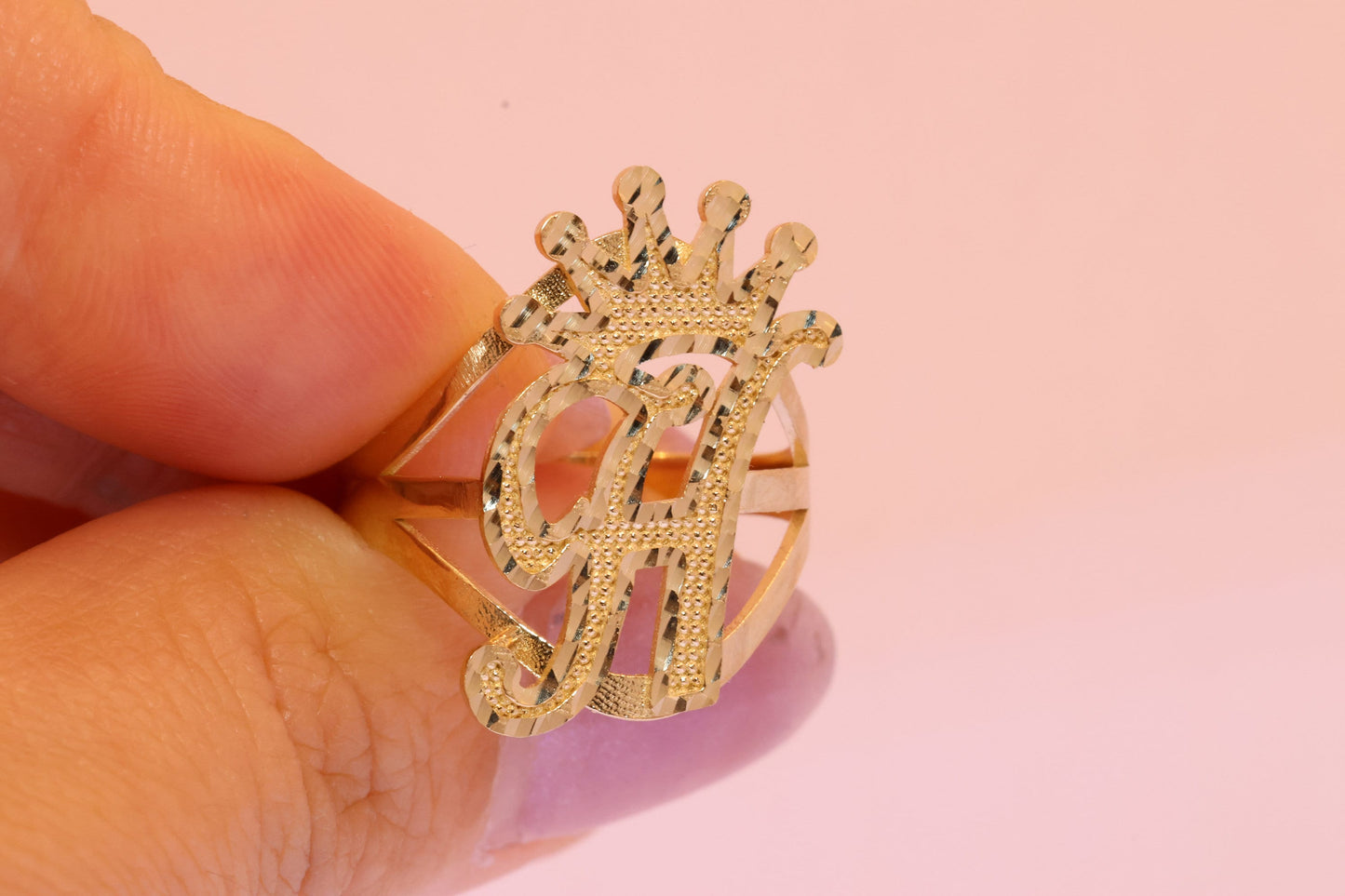 10K King Crown Initial Personalized Heart Ring