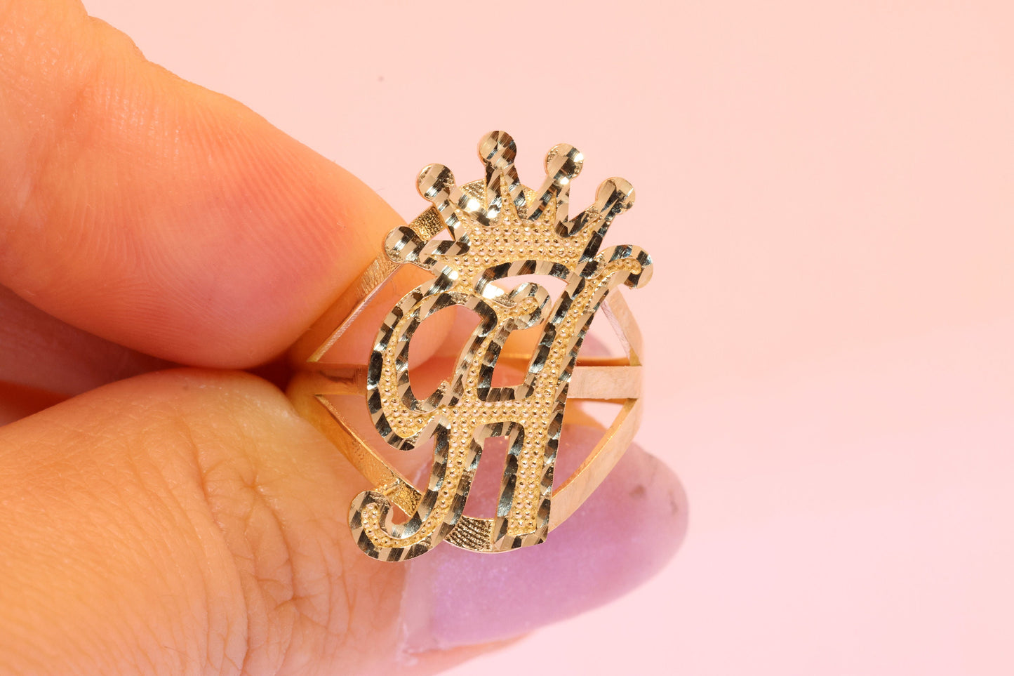 10K King Crown Initial Personalized Heart Ring