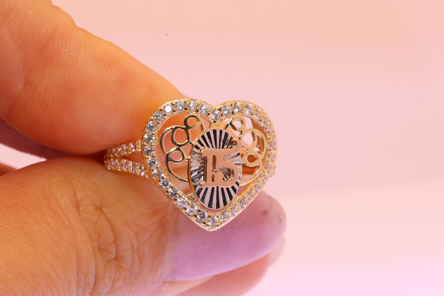 14K Gold 15 Anos Heart Quinceanera Ring R