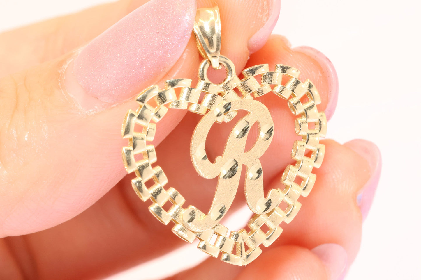 10K Rolex Style Heart Initial Pendant