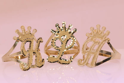 10K King Crown Initial Personalized Heart Ring
