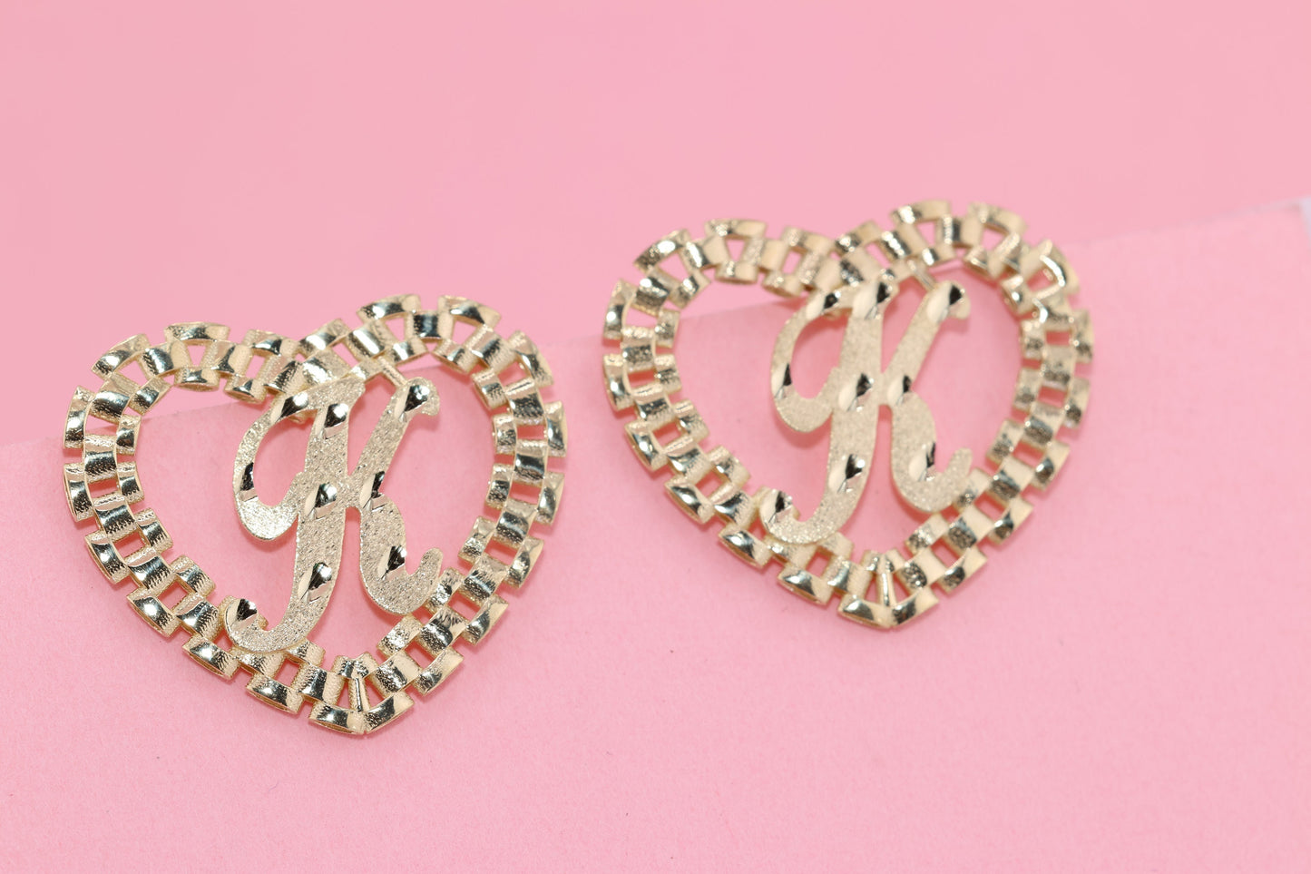 10k Rolex Style Heart Diamond cut Initial Earrings