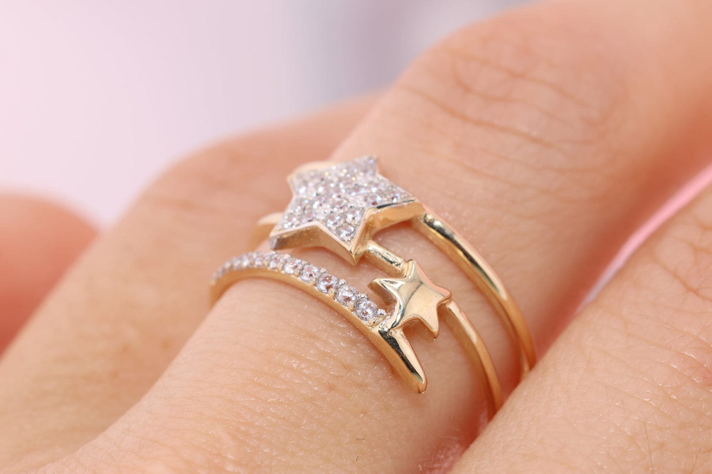 14K Solid Gold CZ Star Stacking Ring