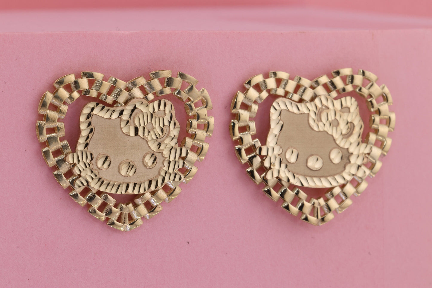 14K Solid Gold Heart Rolex Style Kitty Earrings A