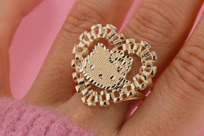 14K Solid Gold Heart Rolex Style Kitty Ring