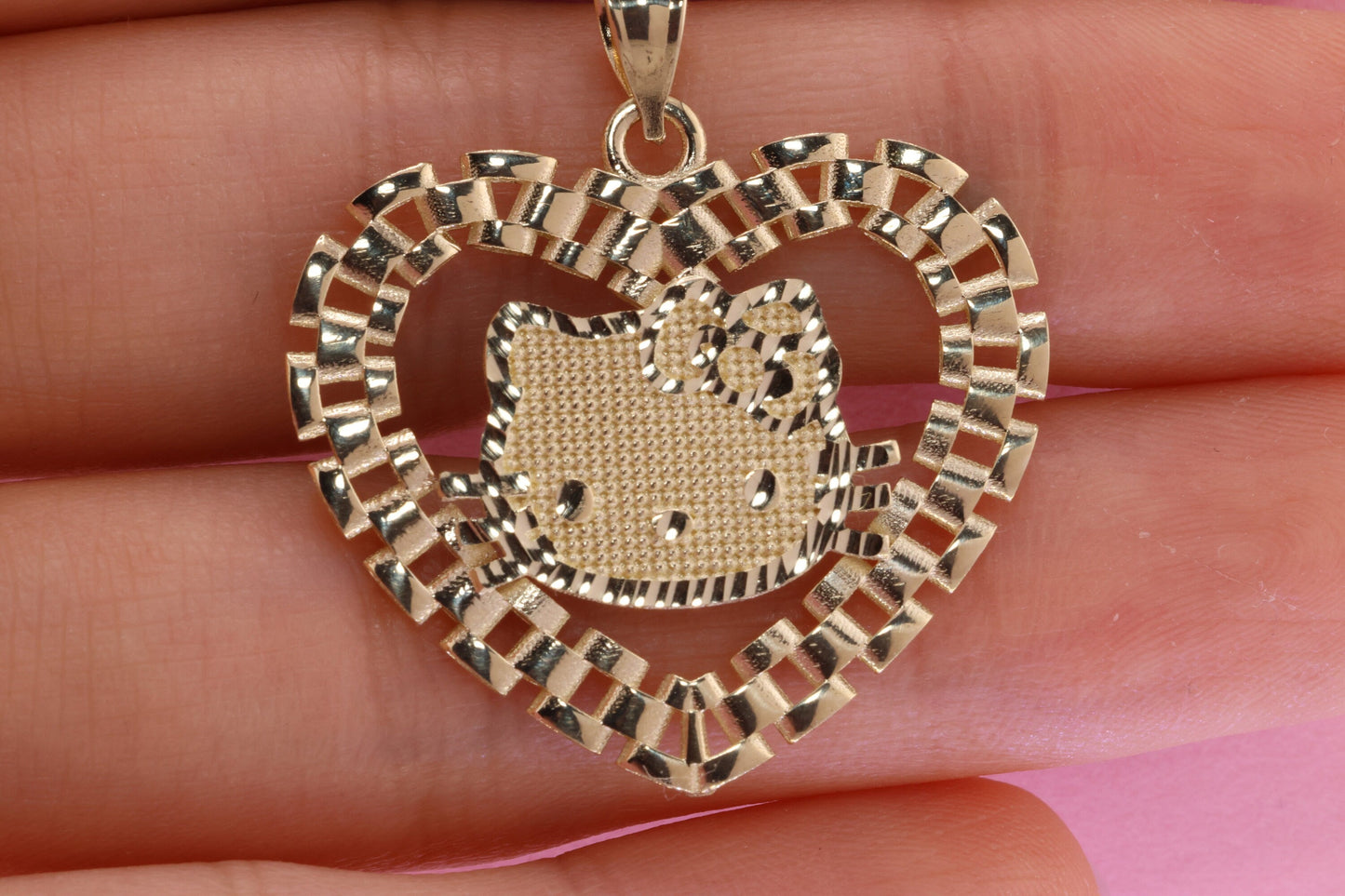 14K Solid Gold Heart Rolex Style Kitty Pendant