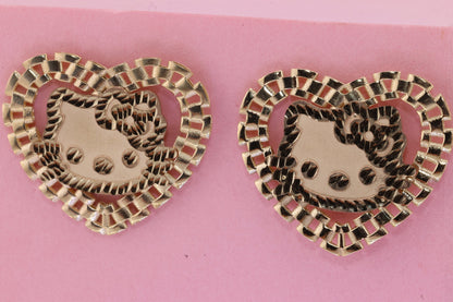 14K Solid Gold Heart Rolex Style Kitty Earrings A