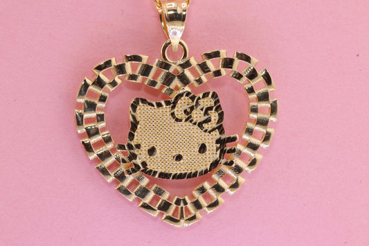 14K Solid Gold Heart Rolex Style Kitty Pendant