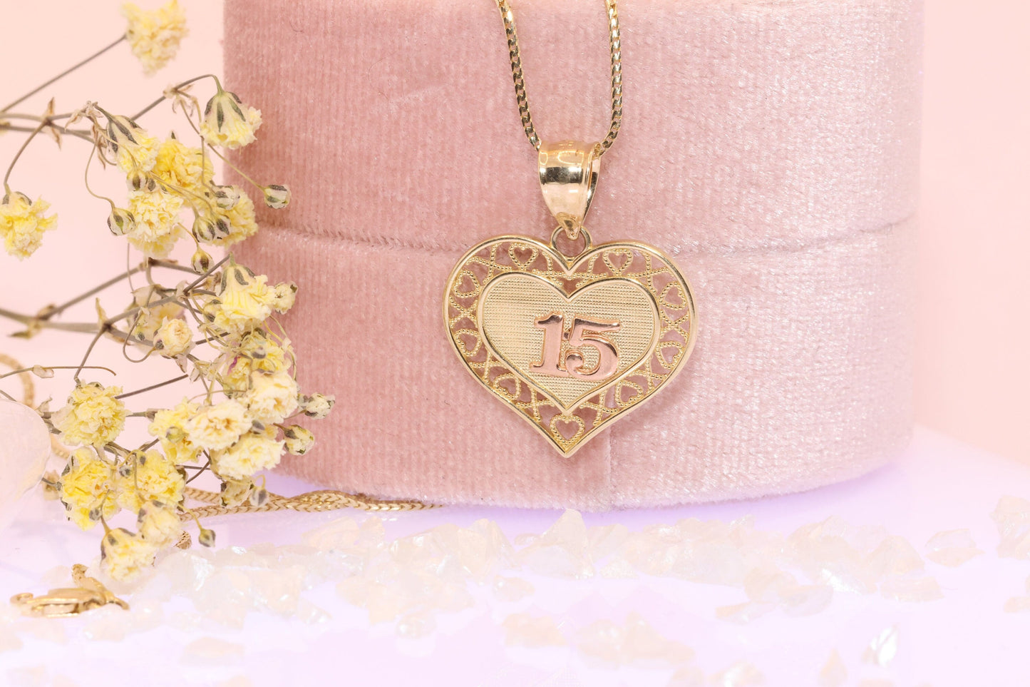 14K Gold 15 Anos Quinceanera Heart Pendant B