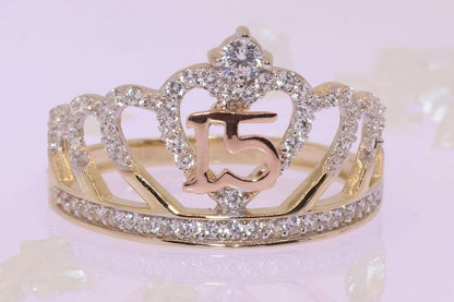 14K Gold 15 Anos Quinceanera Crown Ring C