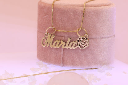 10K or 14K Gold Personalized Name with Rose Pendant