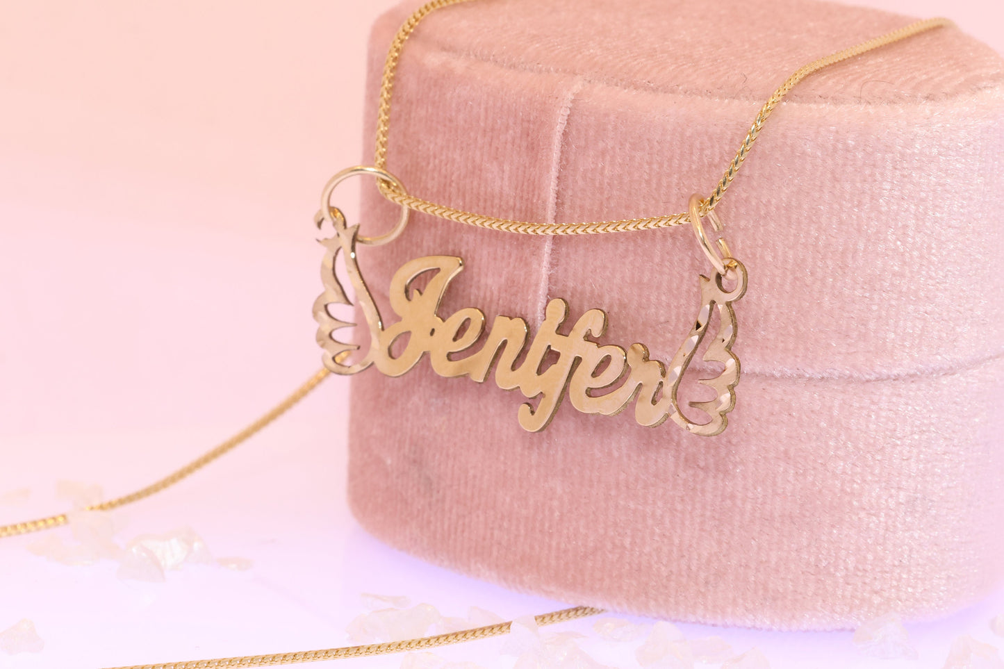 10K or 14K Gold Personalized Name with Angel Wing Pendant