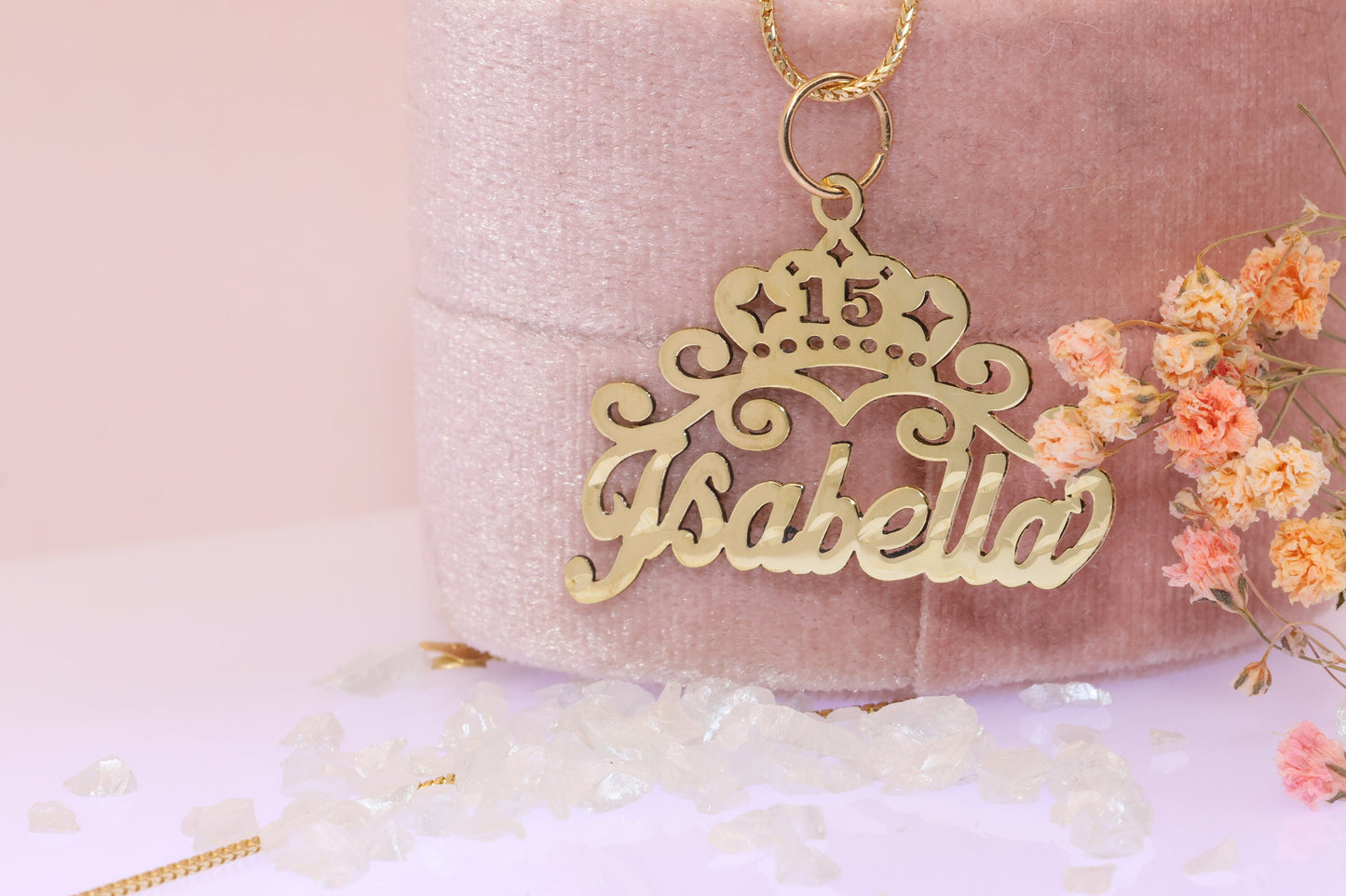 10K 14K Gold Personalized 15 Anos Quinceanera Crown Pendant