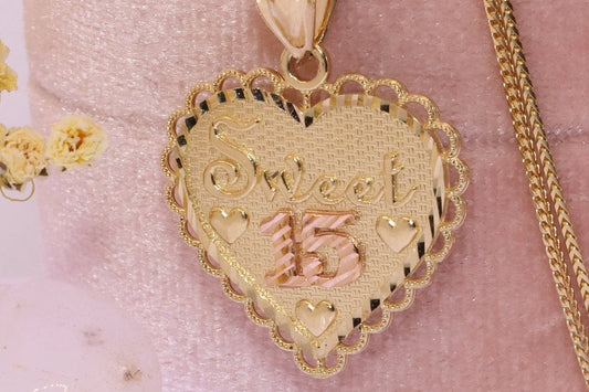 14K Gold 15 Anos Quinceanera Heart Pendant D