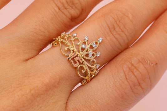 14K Gold 15 Anos Quinceanera Crown Ring RR