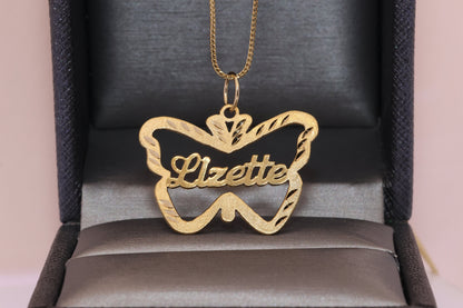 10K or 14K Gold Personalized Name with Butterfly Pendant B