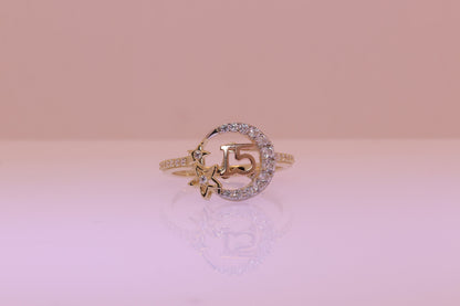 14K Gold 15 Anos Quinceanera Star and Moon Ring B
