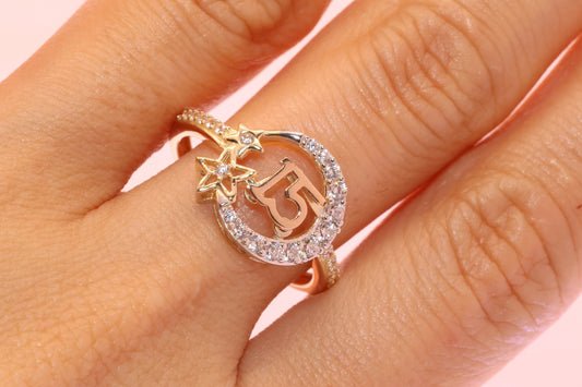 14K Gold 15 Anos Quinceanera Star and Moon Ring B