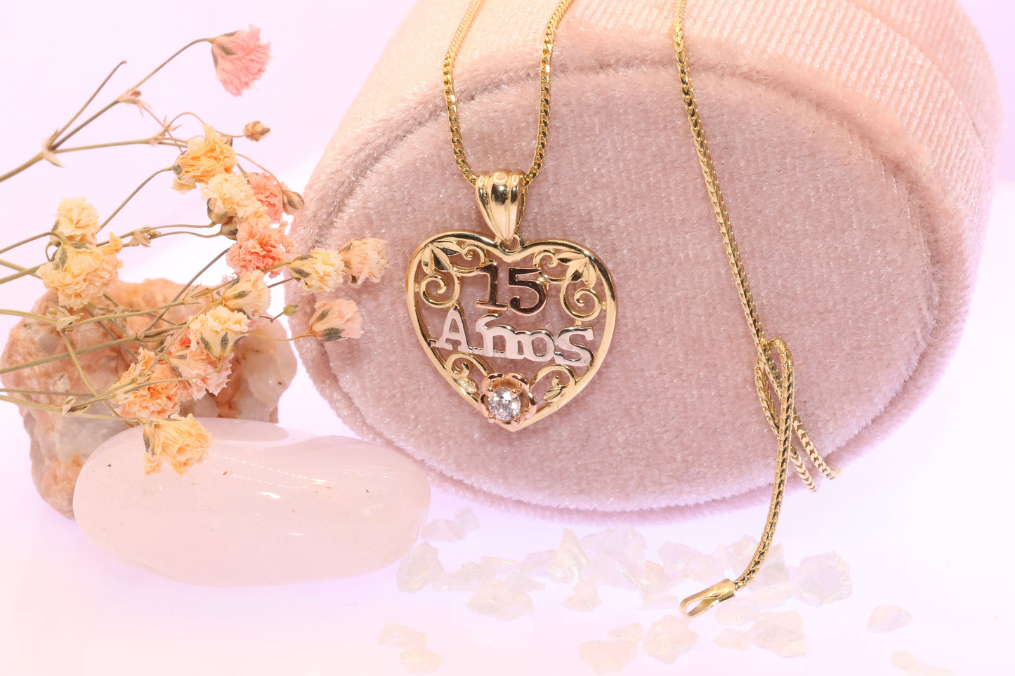 14K Gold 15 Anos Quinceanera Heart Pendant F