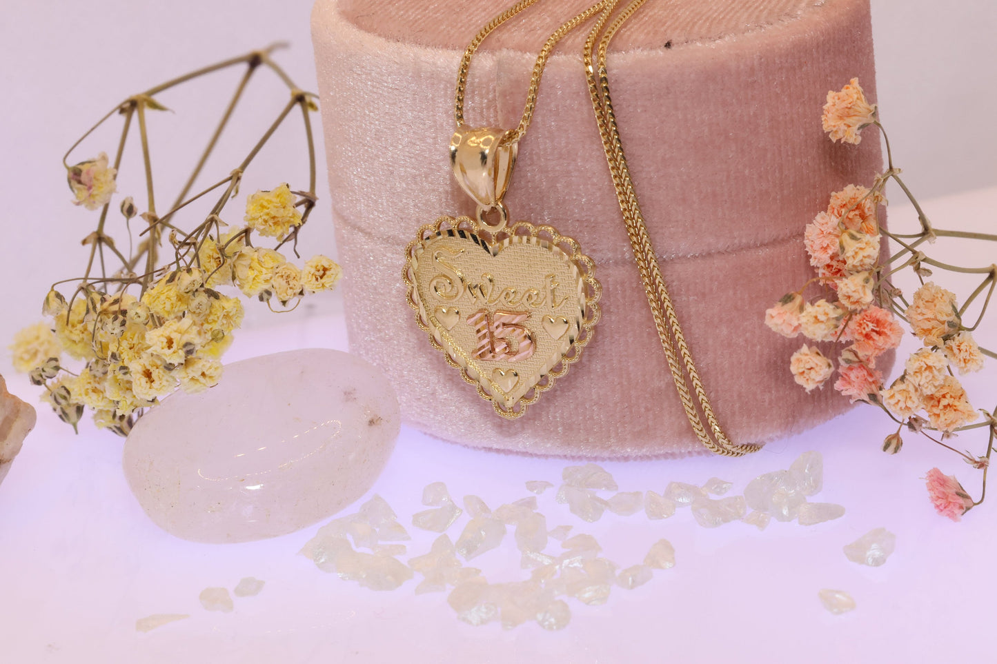 14K Gold 15 Anos Quinceanera Heart Pendant D