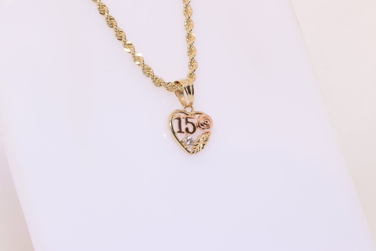 14K Gold 15 Anos Quinceanera Heart Pendant A