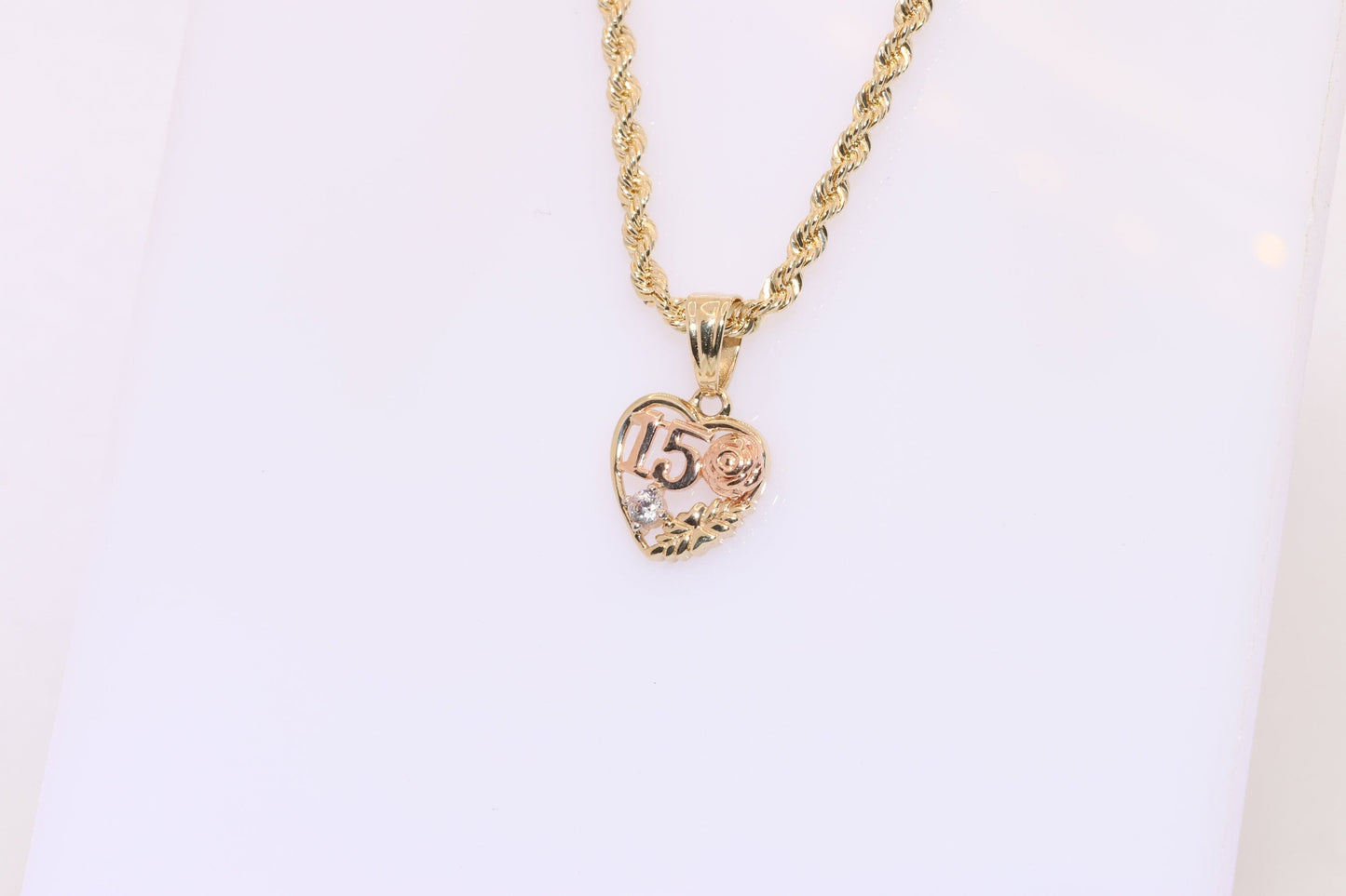 14K Gold 15 Anos Quinceanera Heart Pendant A