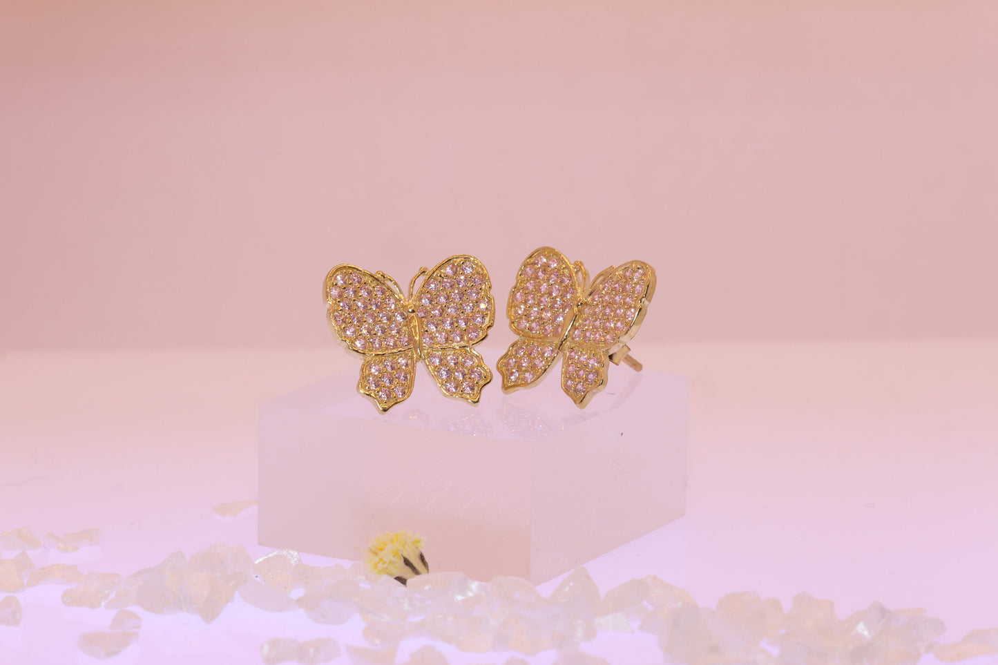 10K Gold Pink Butterfly CZ Earrings