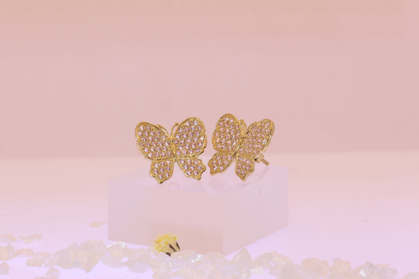 10K Gold Pink Butterfly CZ Earrings