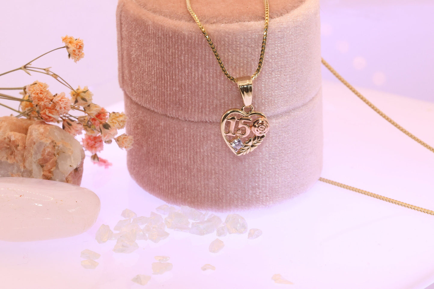 14K Gold 15 Anos Quinceanera Heart Pendant A