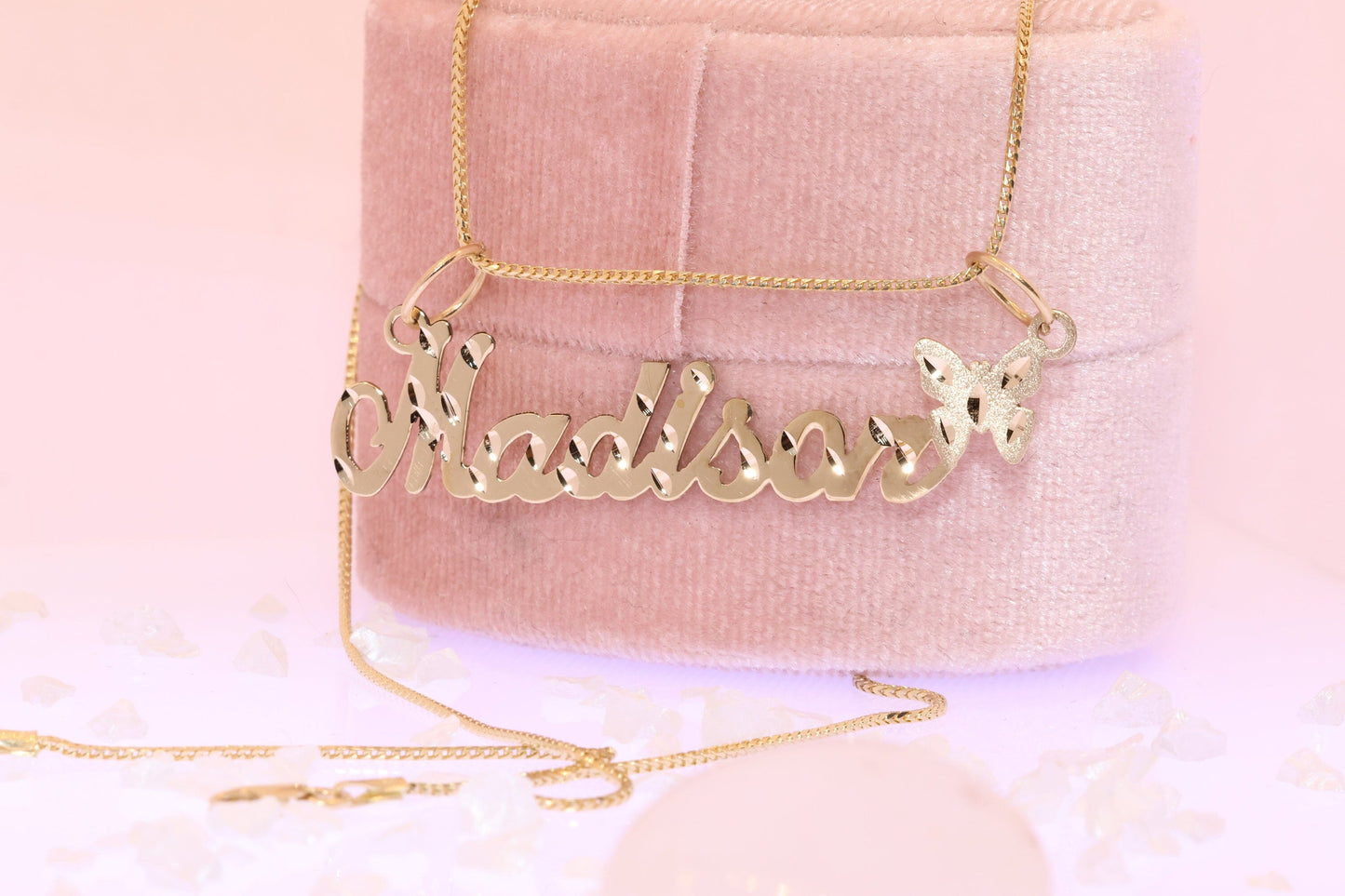 10K or 14K Gold Personalized Name with Butterfly Pendant A